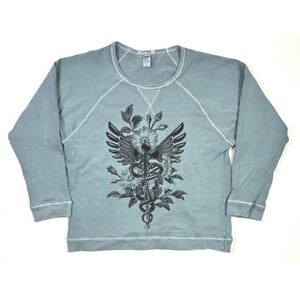 Authentic Pigment Sweatshirt Adult 2XL Caduceus Floral Wings Graphic Blue